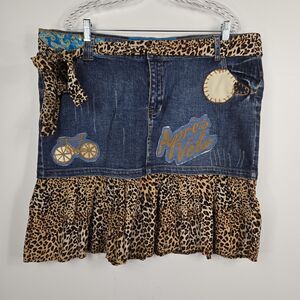 Apres Velo Women's Size 14 Denim Animal Print Belted Cycling Skirt NWT